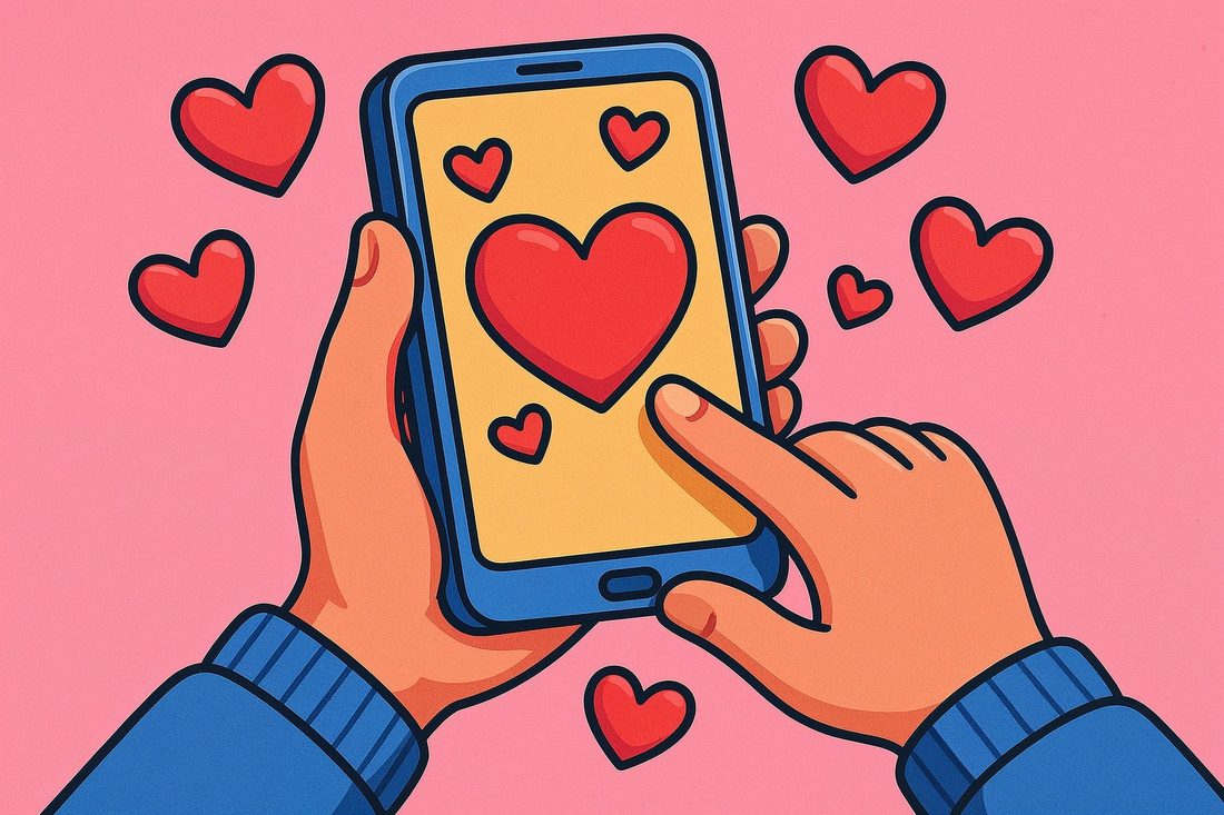 Illustration : deux mains tiennent un téléphone où s’affiche un grand cœur, entouré de petits cœurs.